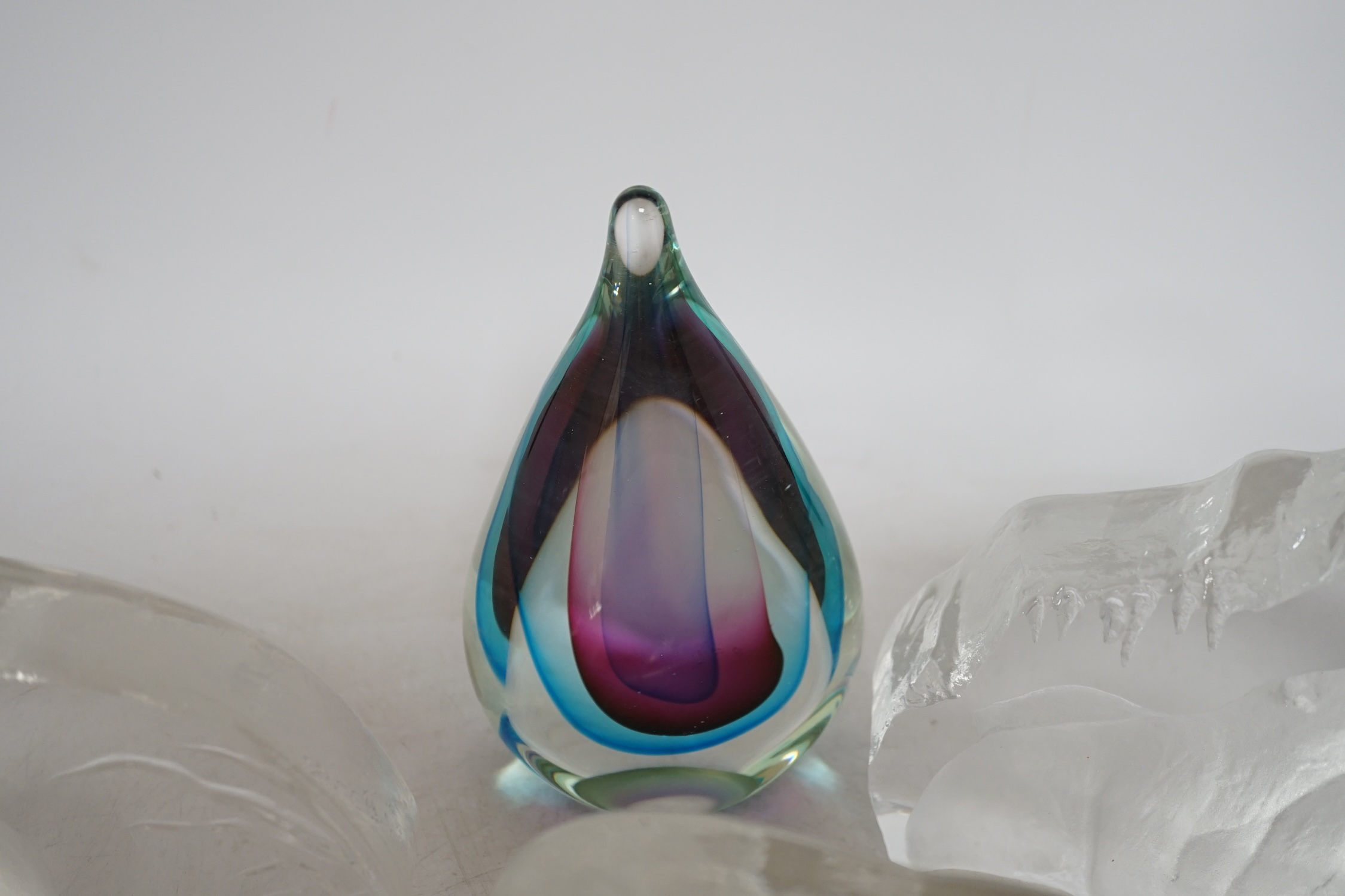 Three large iceberg shaped bird and bear signed glass paperweights, a small Goebel paper weight and another, tallest 16cm high. Condition - good